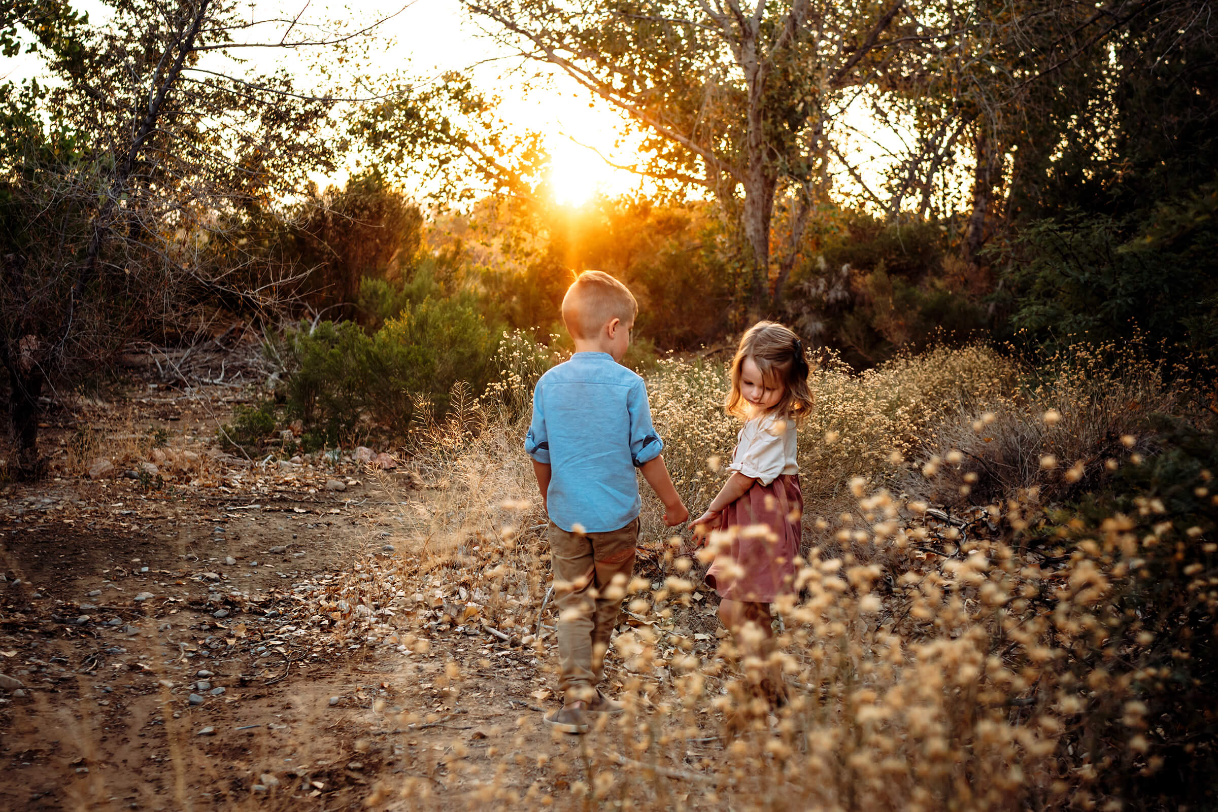 brother and sister playing during golden hour