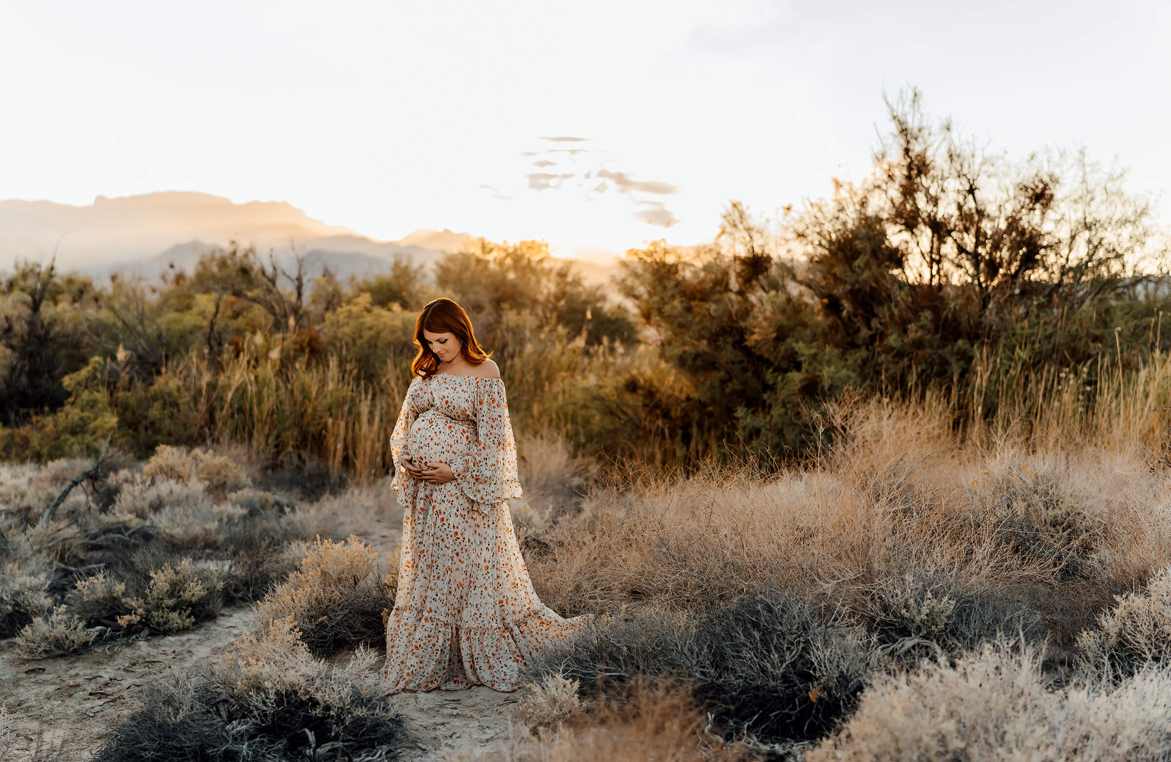 maternity session in the Las Vegas desert with a long flowing floral gown. 