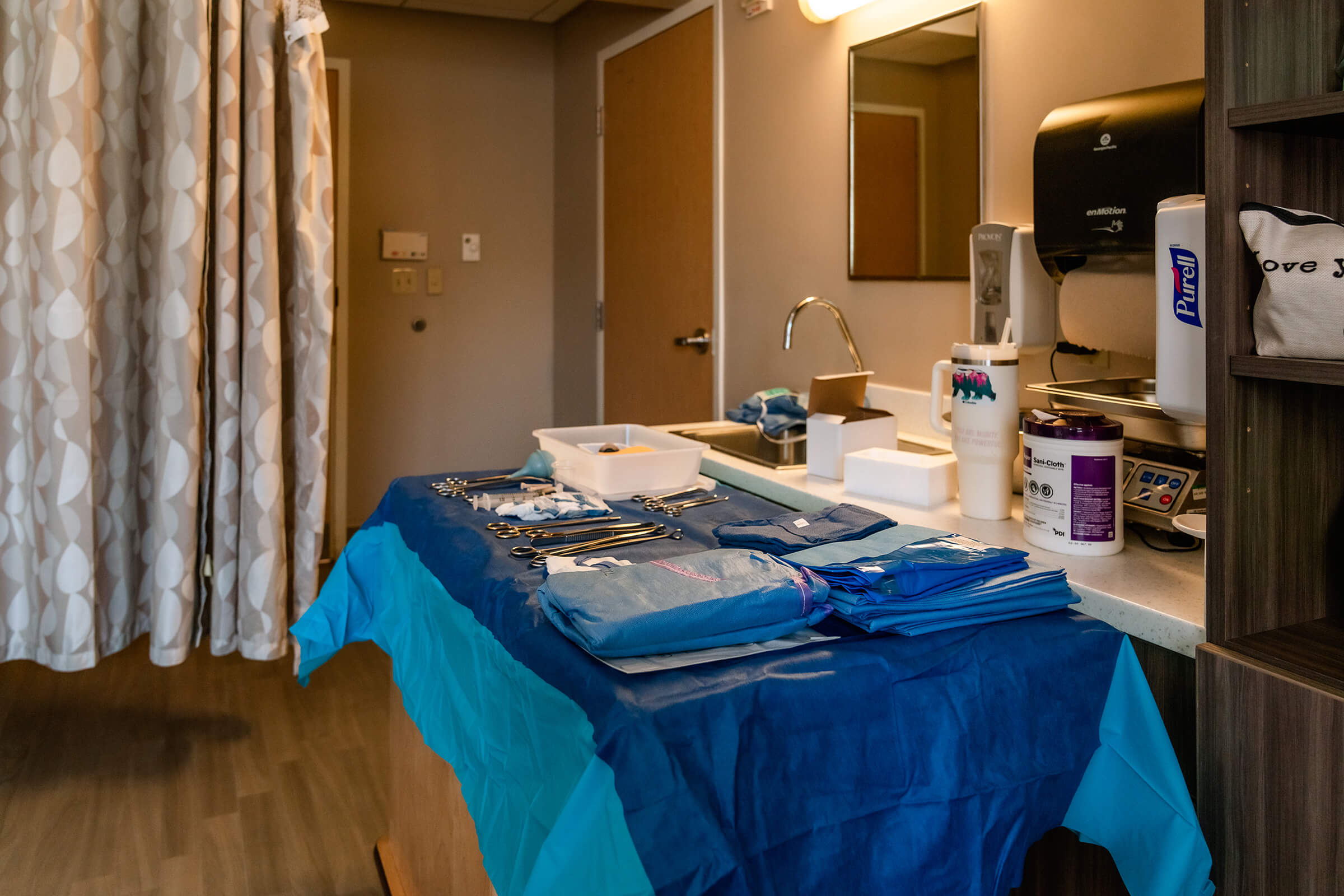 table full of delivery instruments for a hospital birth